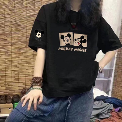 卡通印花短袖t恤女2026新款夏季黑色宽松大码纯棉设计感米奇上衣