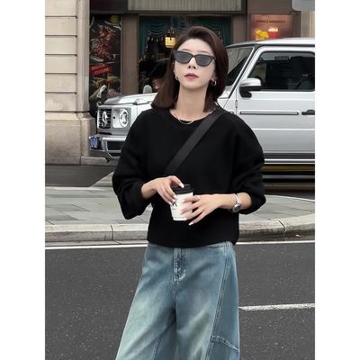 慵懒风纯色休闲百搭长袖卫衣早秋新款圆领套头宽松遮肉短款上衣女