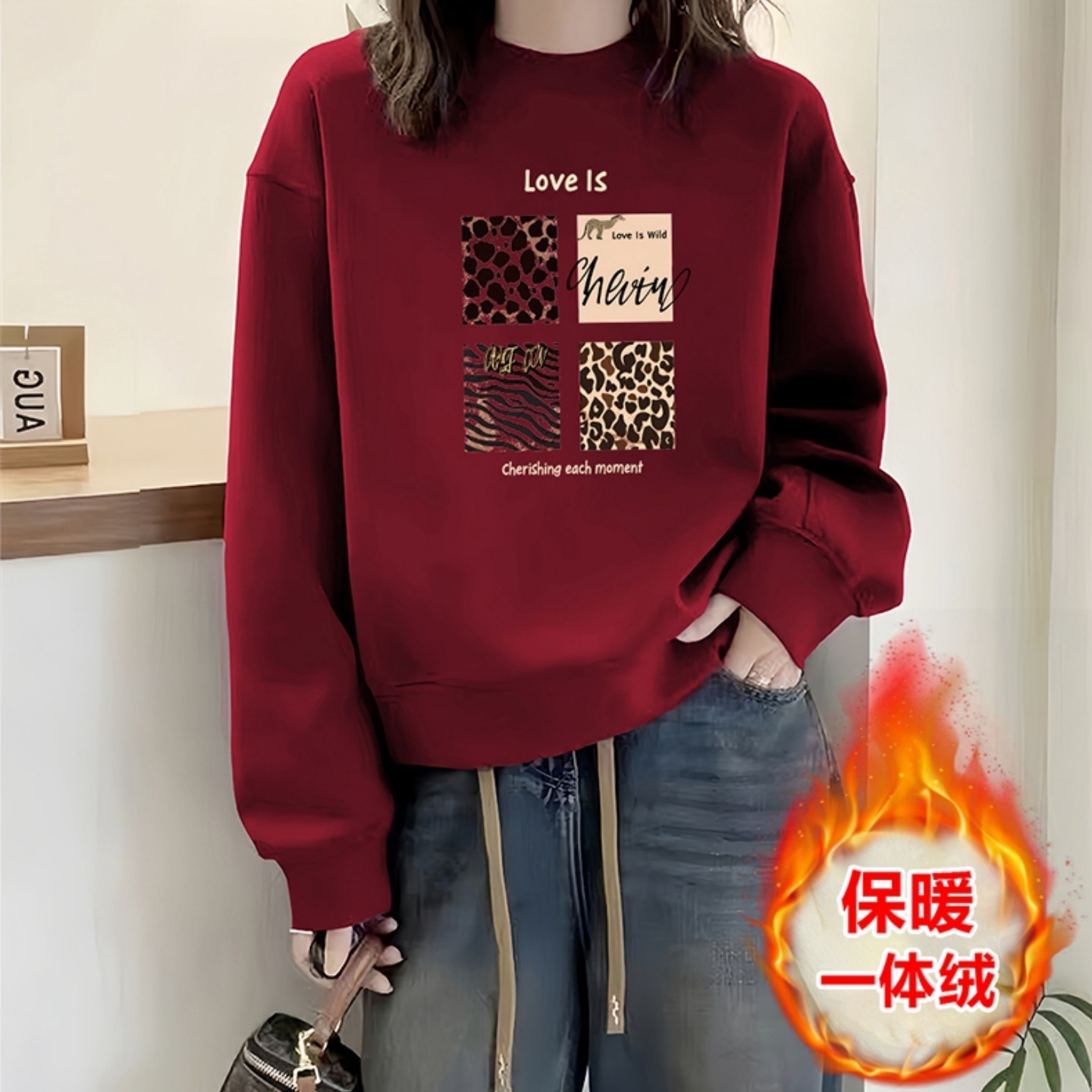 酒红色加绒重磅卫衣女款秋冬季加厚2025新款爆款秋冬圆领短款上衣