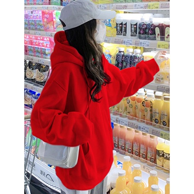 新年大红色连帽卫衣女秋冬宽松加绒大码套头2026马年本命年上衣潮