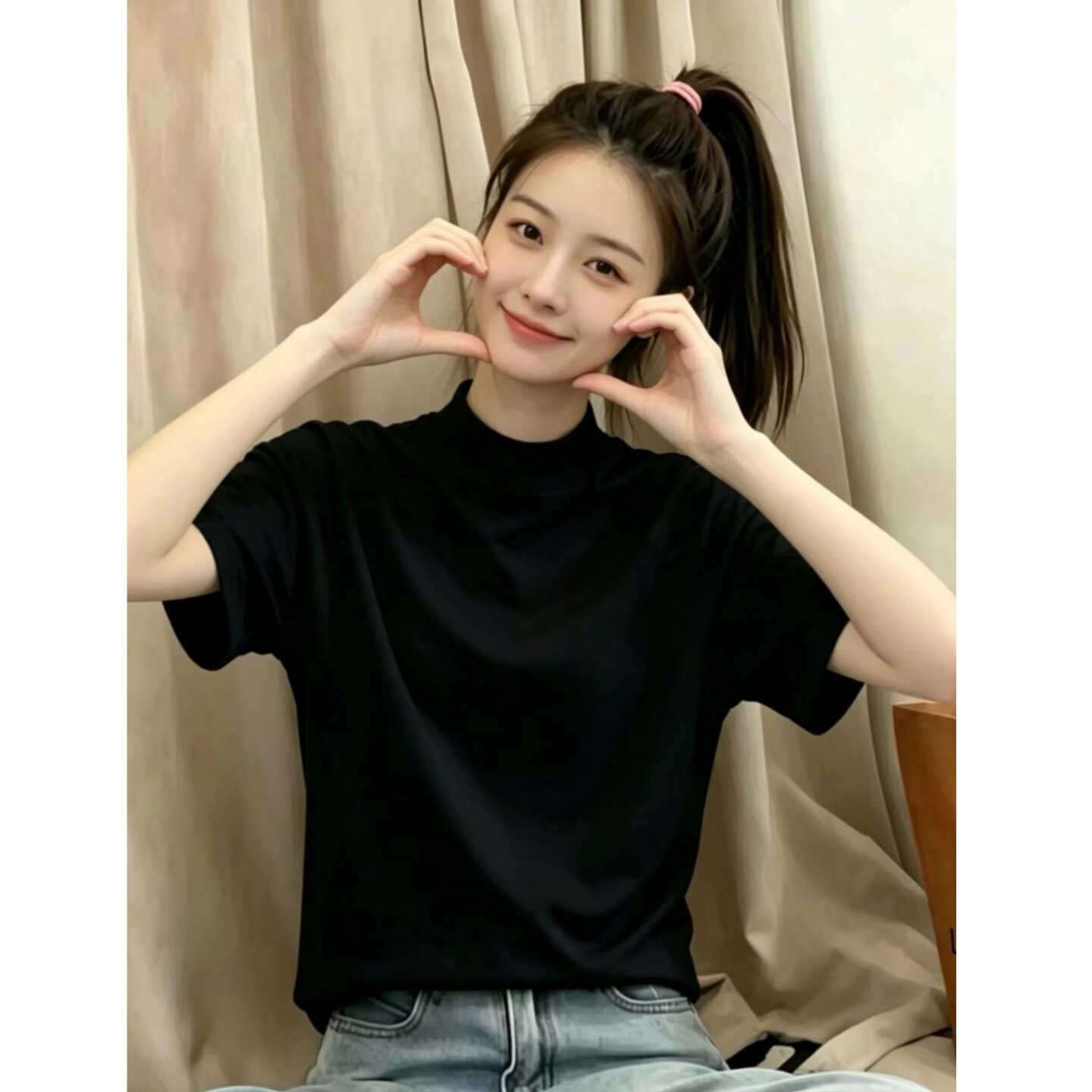 高级感黑色短袖t恤女2026新款半高领宽松百搭显瘦小立领穿搭上衣图片