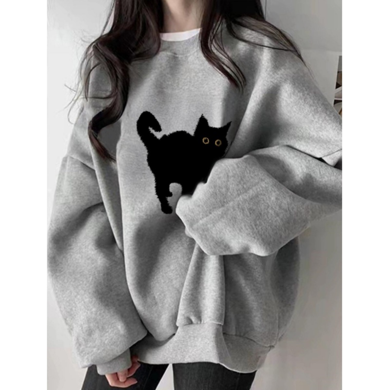 圆领卫衣女灰色2025新款秋冬季加绒加厚无帽宽松美式chic慵懒上衣