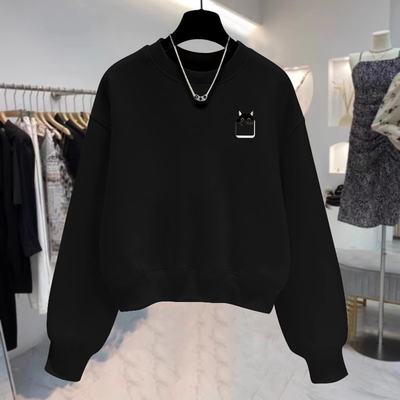 宽松圆领正肩卫衣女短款小个子2025新款爆款春秋薄款无帽加绒上衣