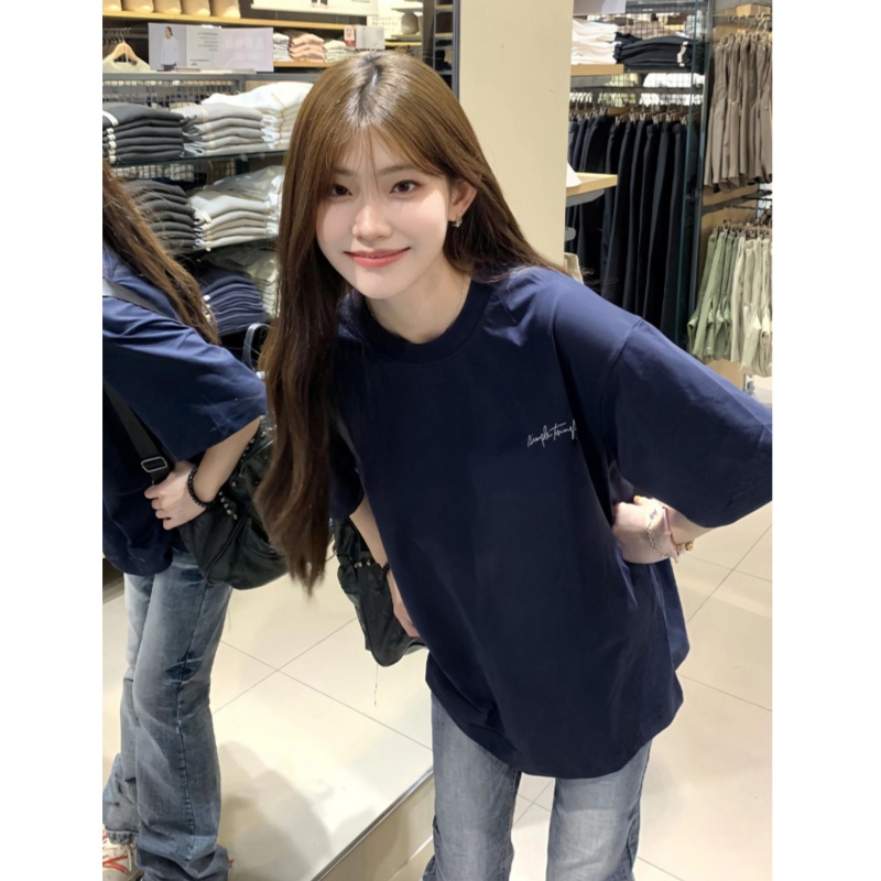 短袖t恤女士藏蓝色2025新款纯棉宽松半袖夏季美式小众不撞款上衣