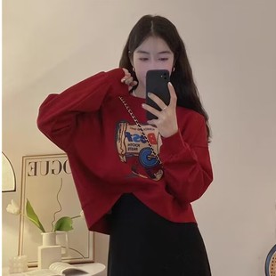 洒红色短款 小个子本命年洋气无帽圆领上衣 高腰卫衣女春秋2025新款