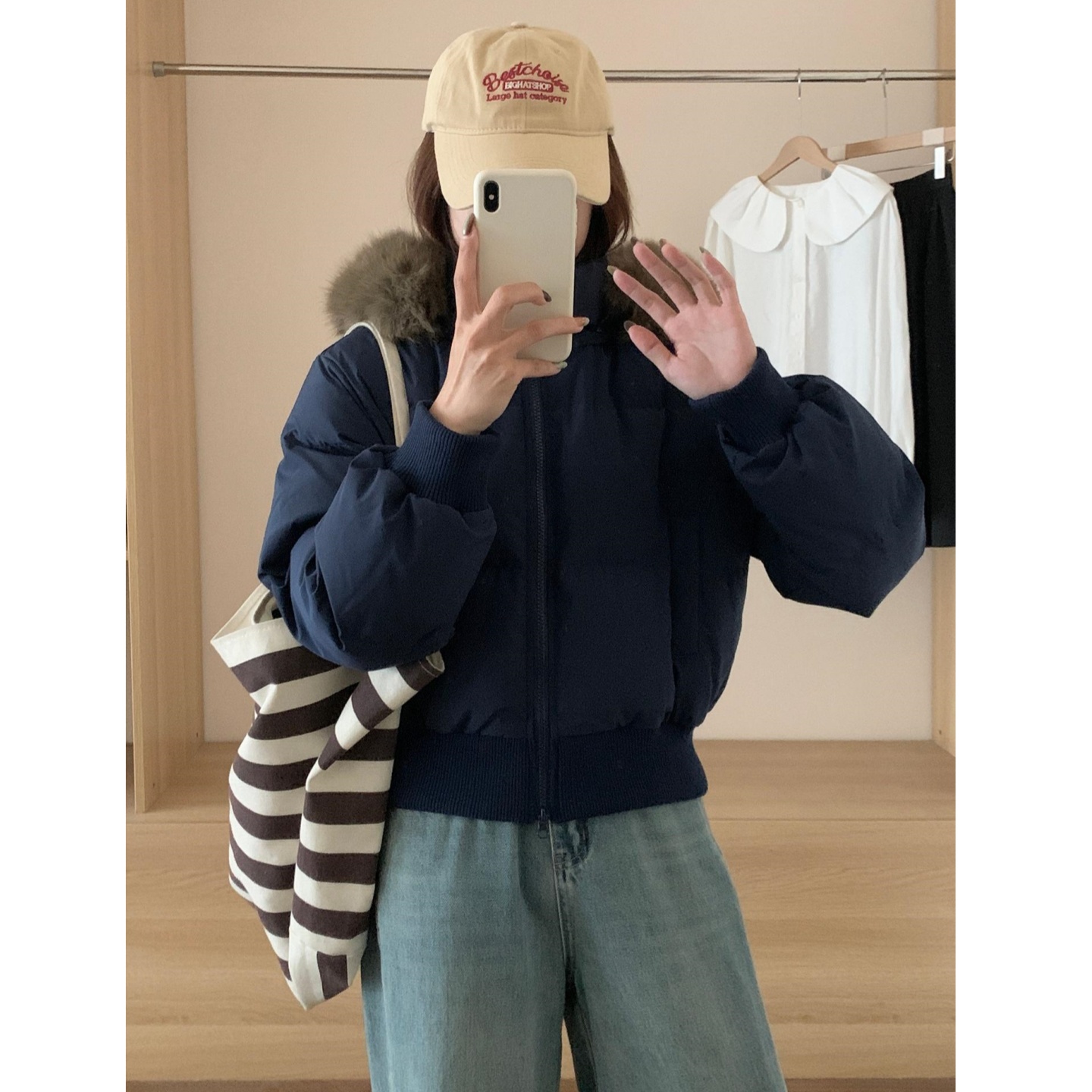 韩系短款连帽棉服女大毛领收腰加厚外套小个子高级感冬季保暖棉衣