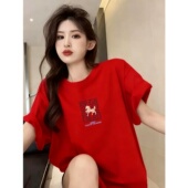 马到成功红色纯棉短袖 t恤女2026马年本命年衣服新年宽松半袖 上衣