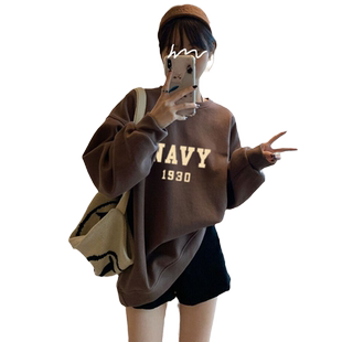 美式复古卫衣女春秋2025新款棕色圆领宽松oversize长袖上衣ins潮