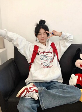 灰色连帽卫衣女2025新款早秋韩系美式宽松慵懒风上衣加绒外套帽衫