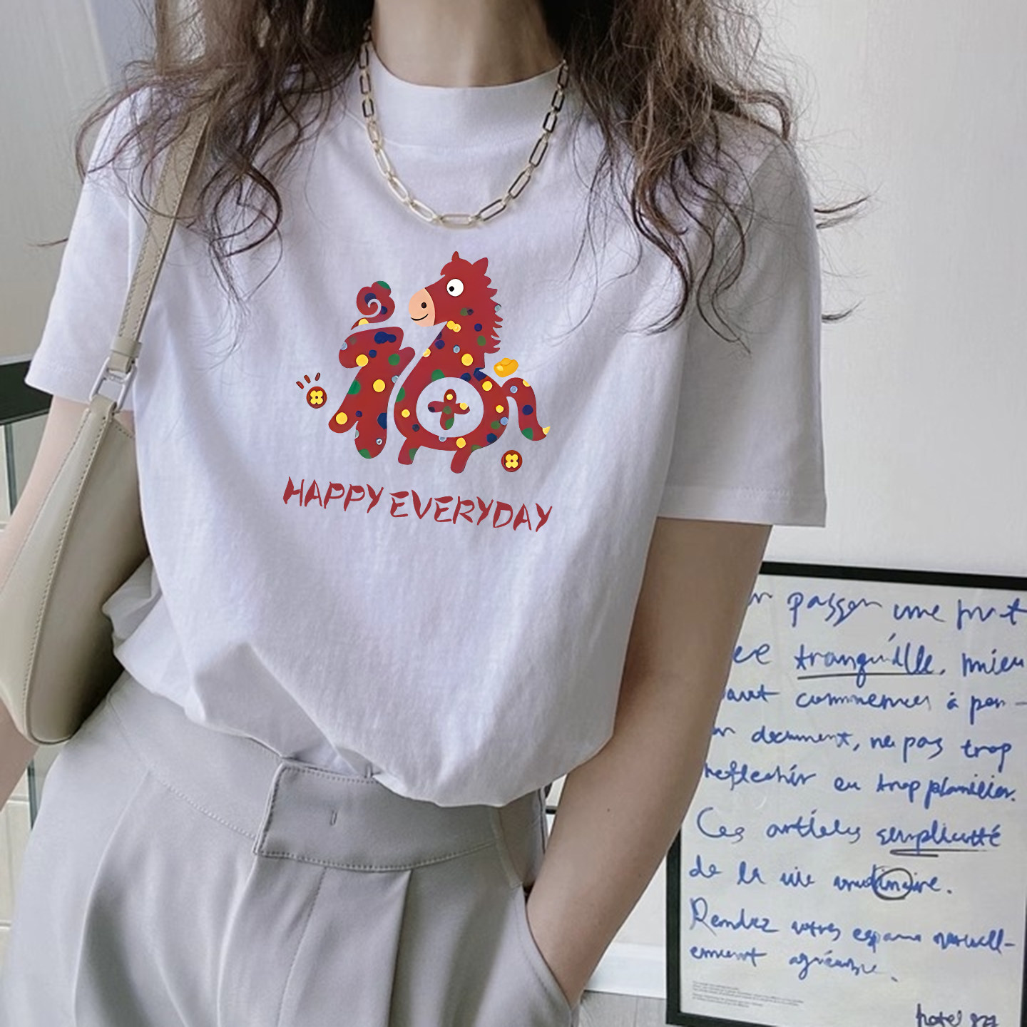 韩版半高领卡通小马印花短袖t恤女2026新款宽松纯棉上衣新年内搭