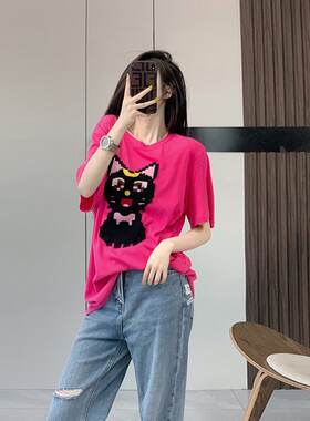 玫红色小猫咪T恤女宽松大码