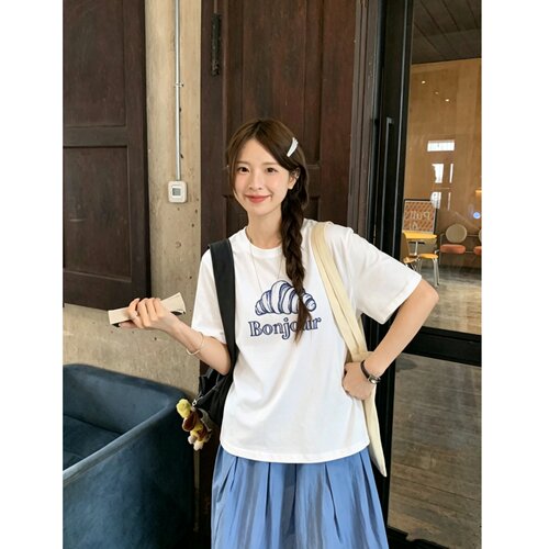 韩系简约松弛感牛角包印花短袖t恤女短袖夏季白圆领百搭显瘦上衣