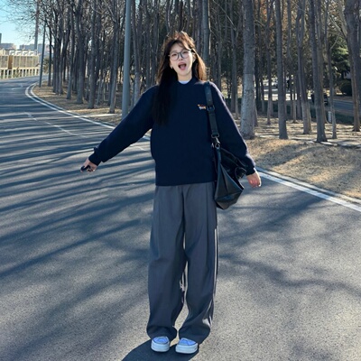 藏蓝圆领卫衣女2025新款早秋宽松长袖超好看独特漂亮单穿加绒上衣