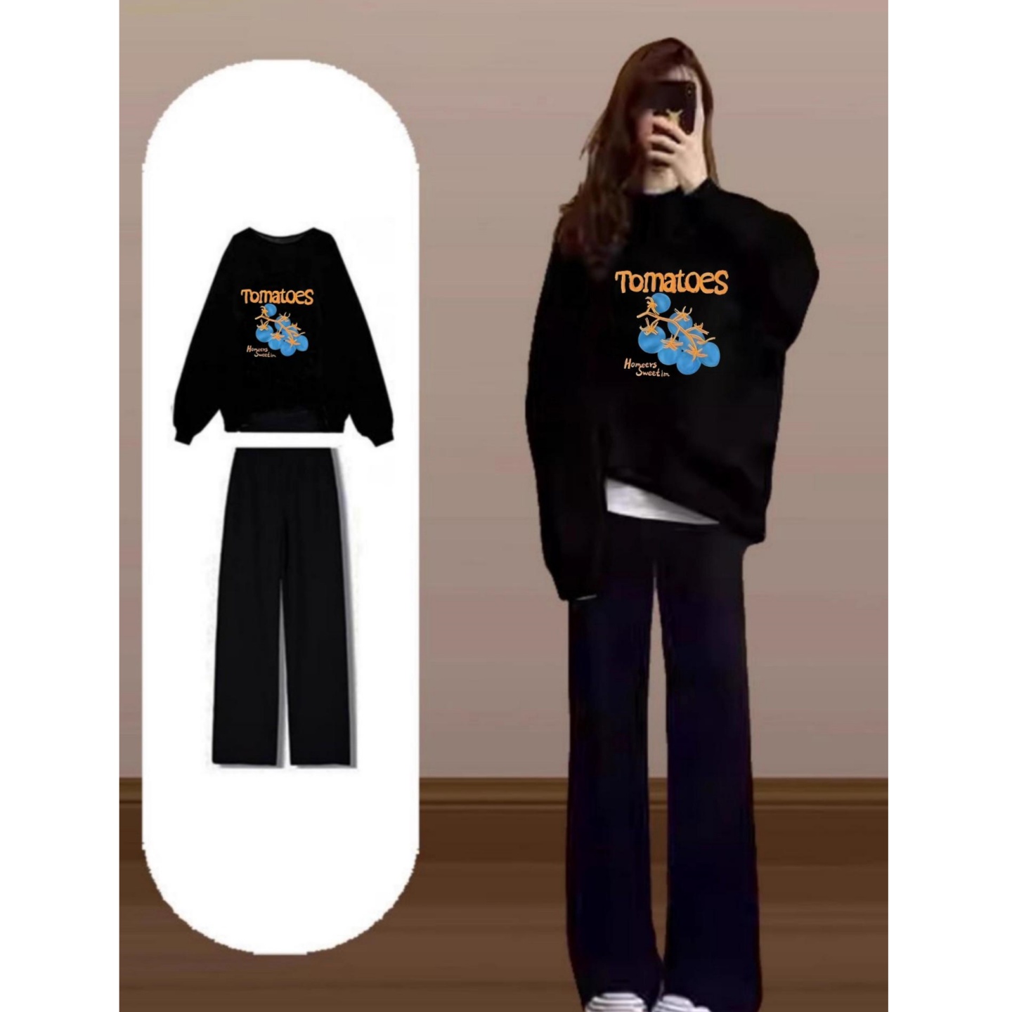 圆领无帽卫衣女黑色秋冬季宽松长袖上衣大码休闲穿搭加绒保暖外套