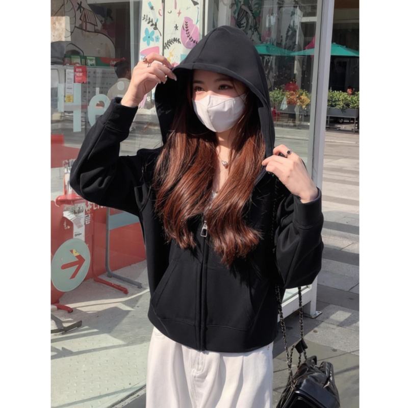 连帽卫衣短款外套女2025新款黑色早秋小个子穿搭宽松显瘦韩系上衣