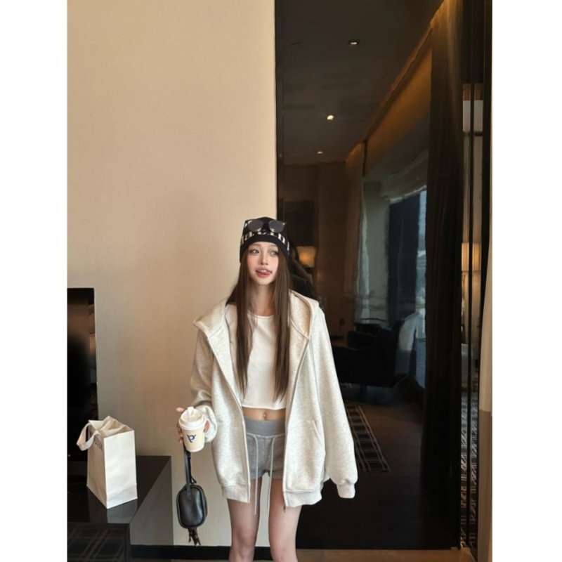 慵懒风拉链连帽黑色卫衣外套女装秋季中长款美式宽松灰色开衫上衣