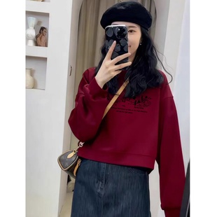 红色本命年加绒重磅短款卫衣女宽松显瘦保暖加厚长袖上衣秋冬新款