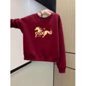 2026本命年酒红色短款 卫衣女马年新款 秋冬加绒保暖拜年服无帽上衣