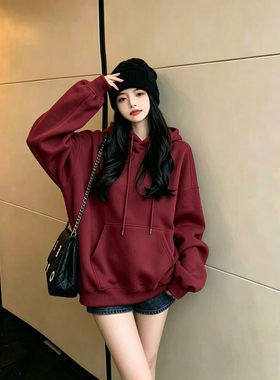2026本命年酒红加绒连帽卫衣女