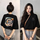 黑色宽松显瘦洋气百搭半袖 欧货笑脸纯棉短袖 t恤女夏2025新款 体恤