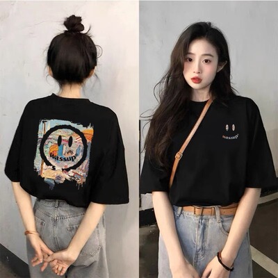 欧货笑脸纯棉短袖t恤女夏2026新款黑色宽松显瘦洋气百搭半袖体恤
