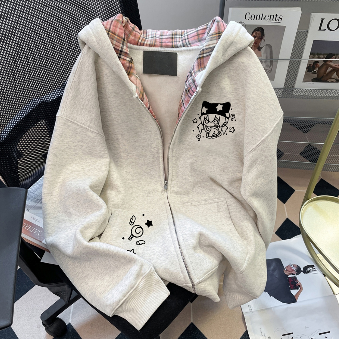 美式卡通风连帽拉链卫衣女加绒加厚灰色拼格宽松开衫减龄保暖外套