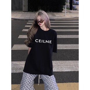 宽松设计感字母打底印花中长款 T恤2025年夏季 上衣潮 纯棉短袖 爆款