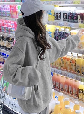 美式复古灰色中长款连帽卫衣女秋冬新款加绒加厚保暖宽松套头上衣