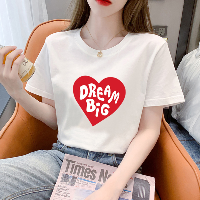 爱心白色正肩印花短袖T恤打底衫