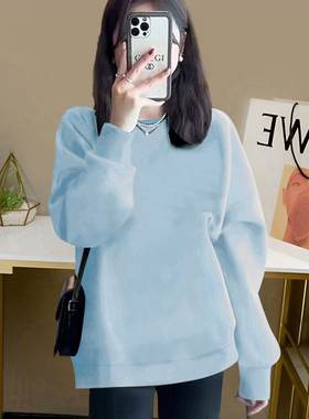 天蓝色卫衣女长袖宽松圆领无帽纯色2026新款早秋薄款欧货套头上衣