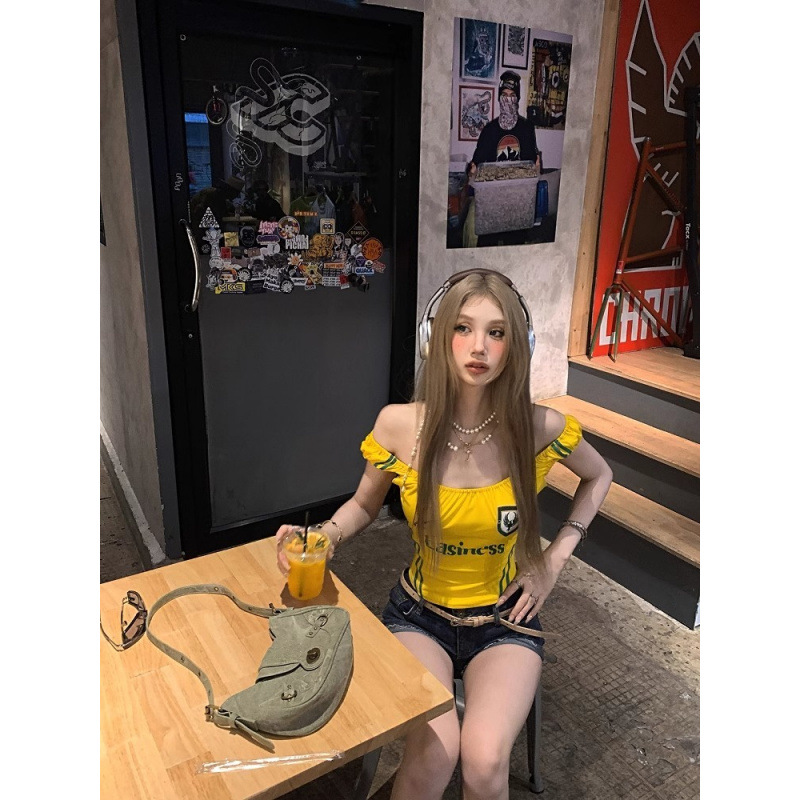 一字肩螺纹球衣Remake美式复古印花吊带背心女修身显瘦辣妹上衣夏