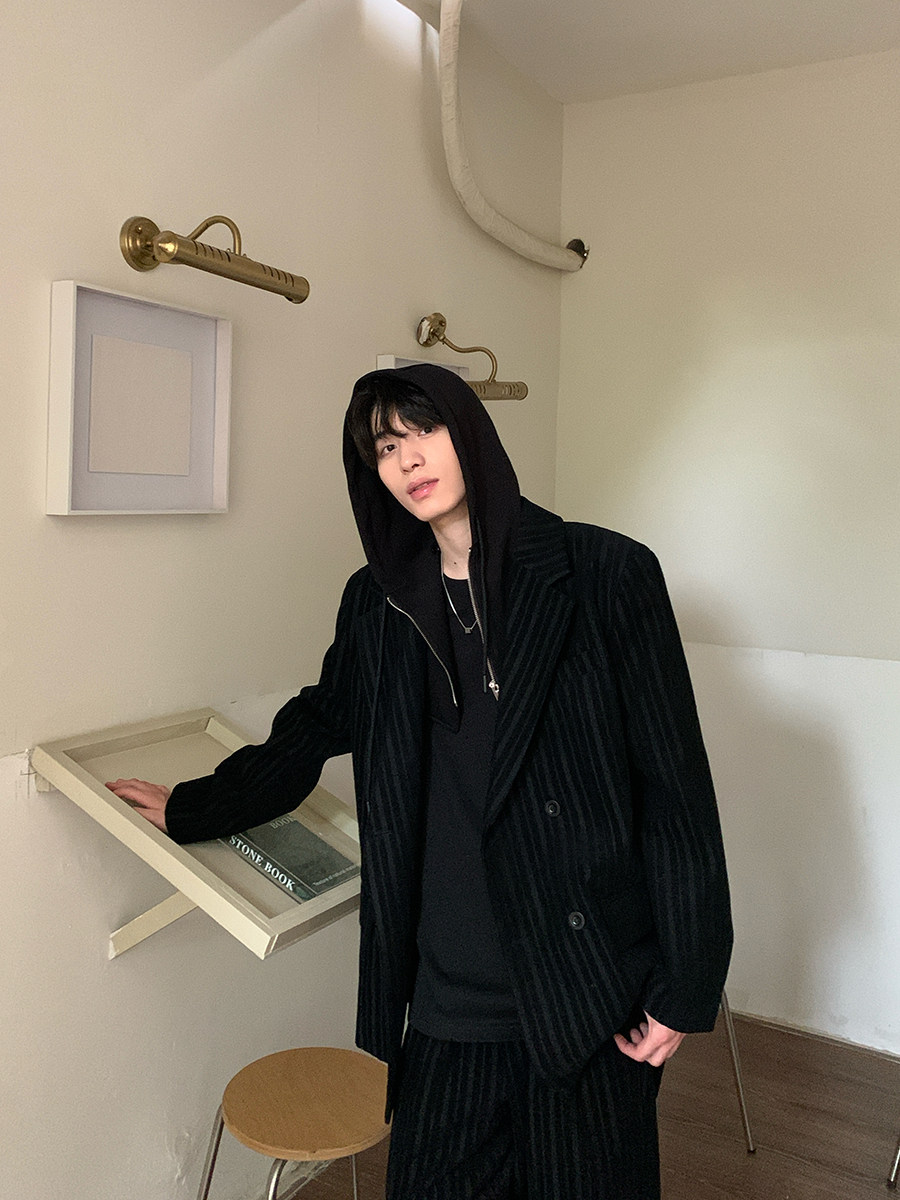 ONELYC1NS [サイズクリアランス] フェイクツーピースフード付きストライプカジュアルブレザーメンズルーズワイドレッグスーツパンツ