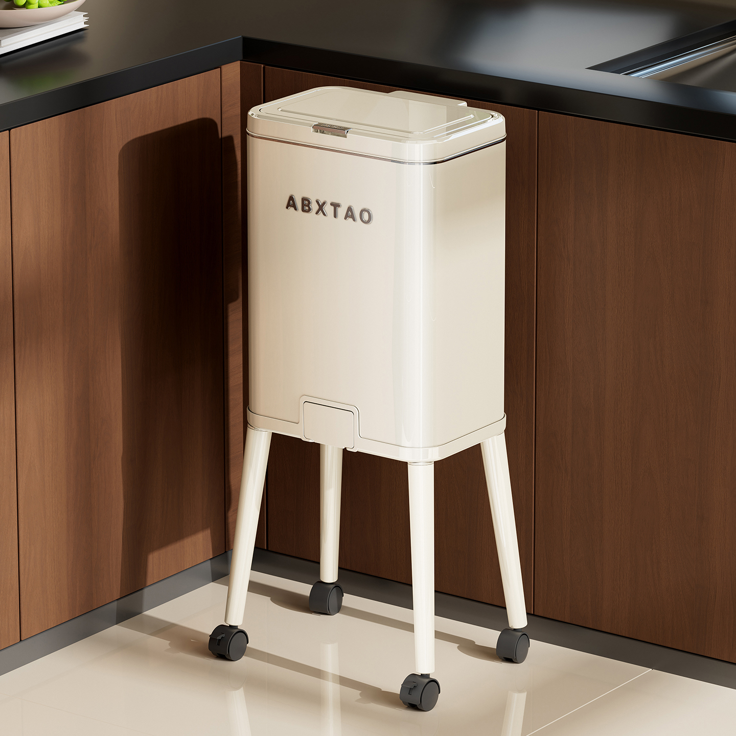 厨房钢质免弯腰高脚垃圾桶新款家用带盖大容量带轮可移动高颜值