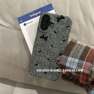 13P百搭 14P壳13 蝴蝶结帆布暖棕适用iPhone16ProMax手机壳14 13Promax套创意15