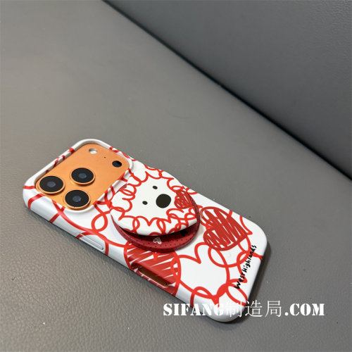 红色涂鸦线条小熊爱心适用iPhone16Pro壳16pm套个性17Promax壳个性17/17P壳