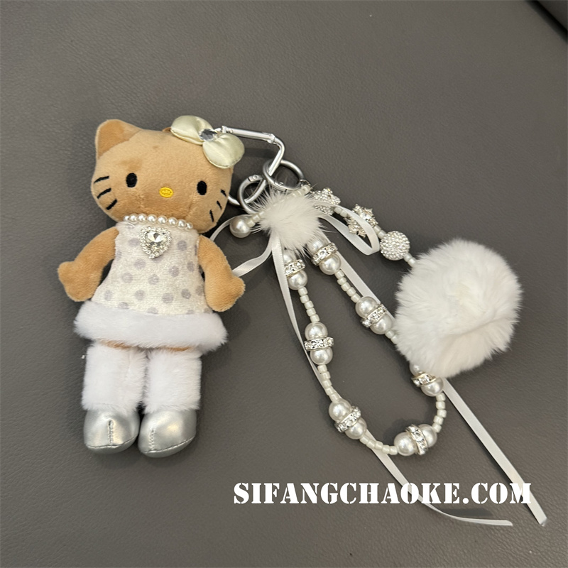 奶白色波点五角星球球车钥匙扣链条手机壳挂绳耳机套挂链