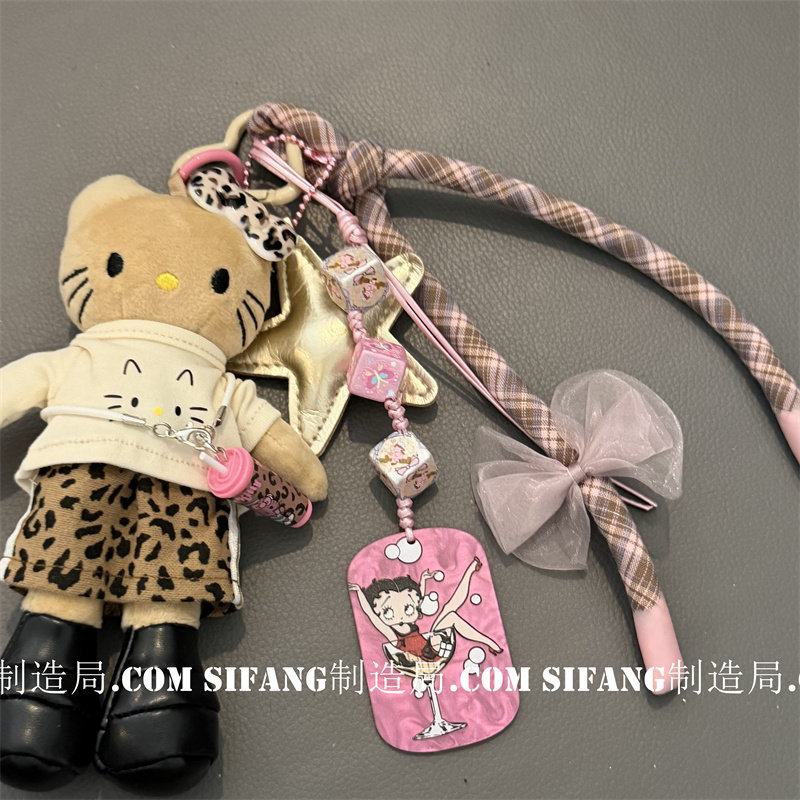 豹纹粉色尼龙绳夏季新款小猫创意车钥匙扣链条手机壳挂件包包挂饰