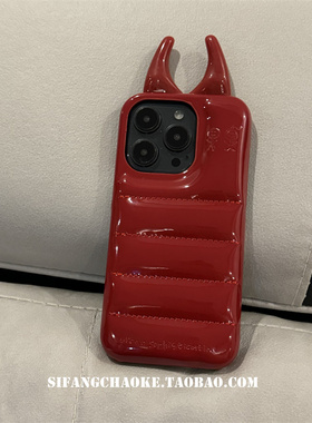 早秋红色立体牛角皮质羽绒服适用iPhone15ProMax手机壳13个性百搭15/13PM套简约14壳
