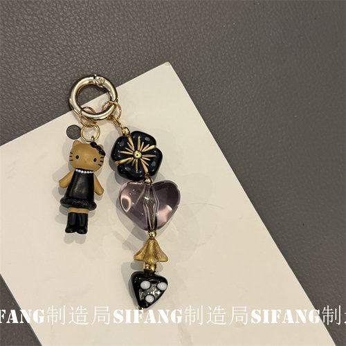 甜酷风爱心小猫新款水晶链条手机壳挂件书包挂绳创意耳机套挂绳