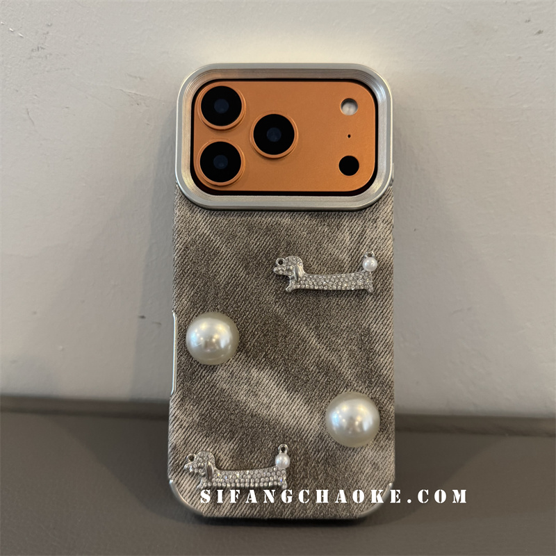 圆形立体闪粉腊肠狗牛仔色适用iPhone17Promax手机壳15/14/16Pro套15PM套13/15P