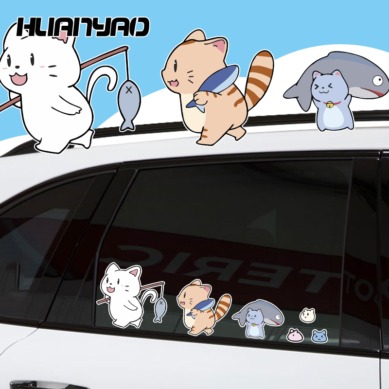 汽车雅迪小牛九号爱玛电动车猫咪钓鱼防水防晒创意划痕遮挡车贴纸