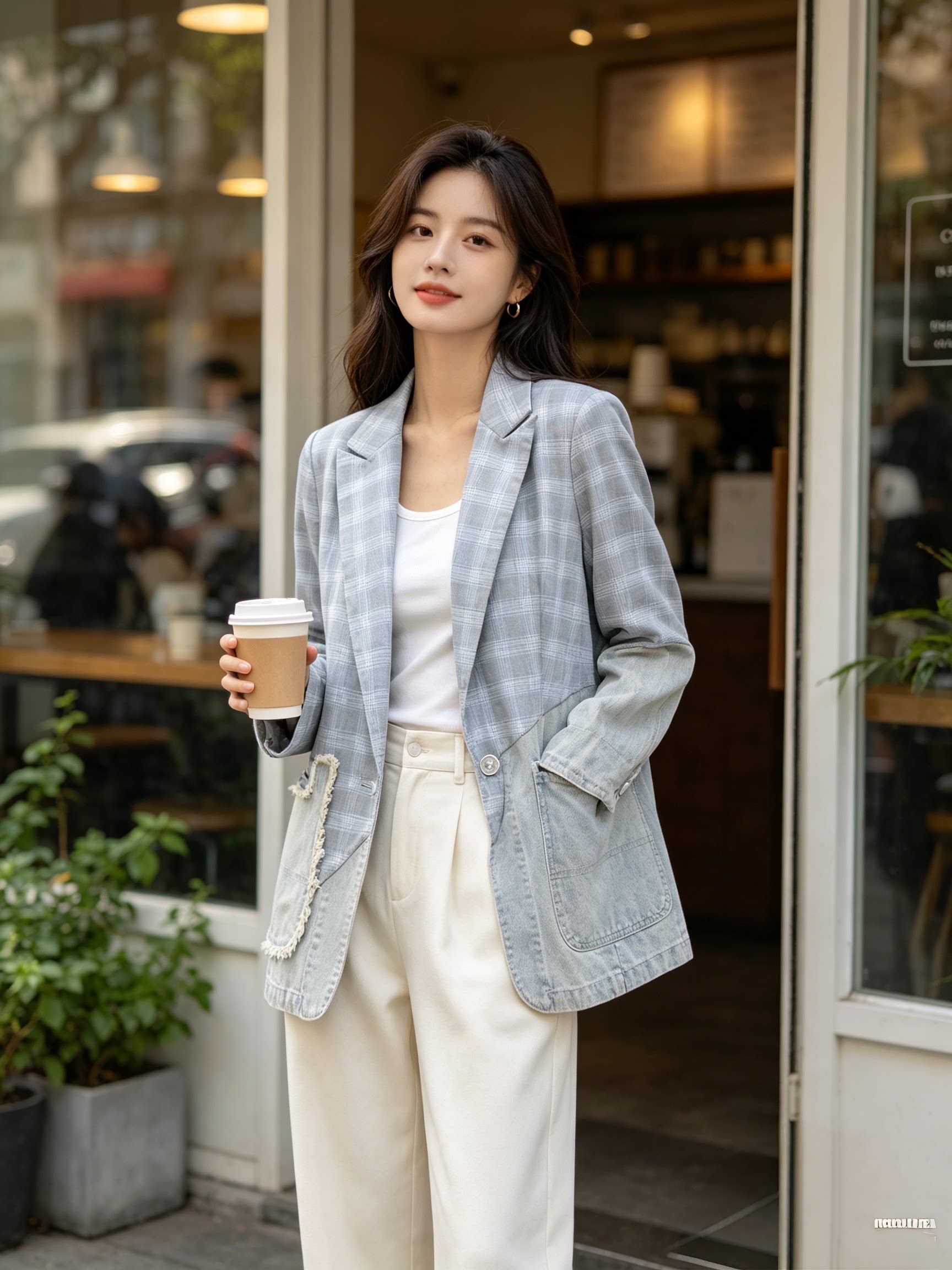 品牌折扣专柜正品范可能牛仔拼接西装外套正码自然做旧款接受拍