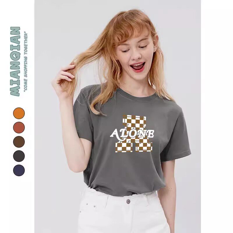 棉牵卡通小熊深灰色正肩短袖t恤男女同款显瘦纯棉半袖夏季上衣潮