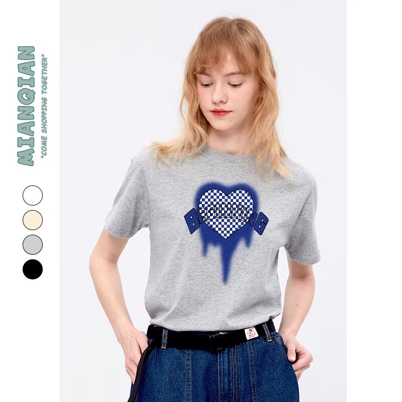 棉牵美式复古甜酷灰色纯棉短袖正肩t恤休闲男女学生宽松显瘦半袖