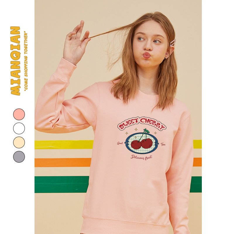 棉牵日系可爱甜美印花浅粉色圆领卫衣女宽松韩版秋冬加绒长袖上衣