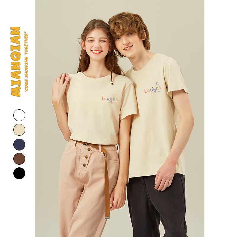 棉牵男女同款情侣短袖夏季简约显瘦纯棉半袖正肩t恤女奶白色体恤