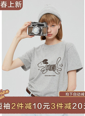 棉牵夏季纯棉短袖t恤女韩版灰色可爱卡通印花宽松学院风半袖上衣