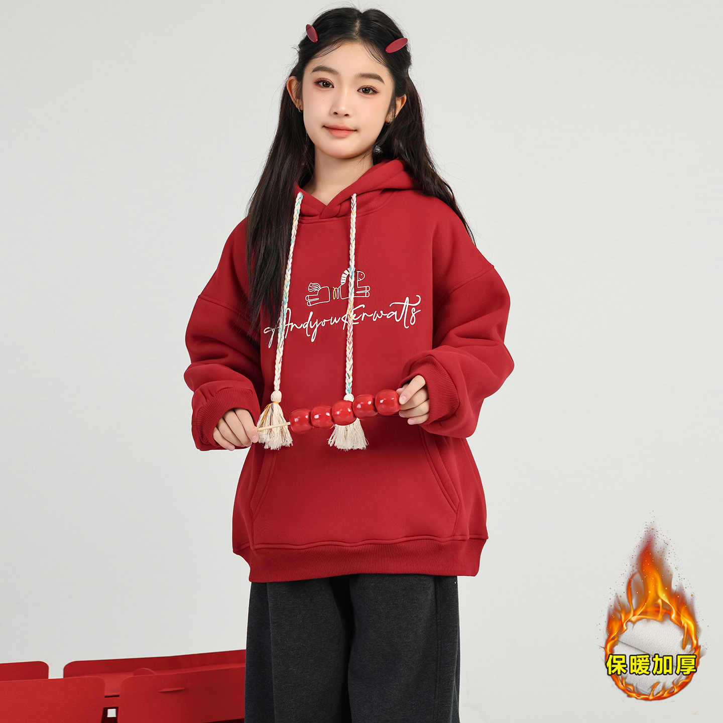 女大童卫衣加绒加厚新年衣服冬装