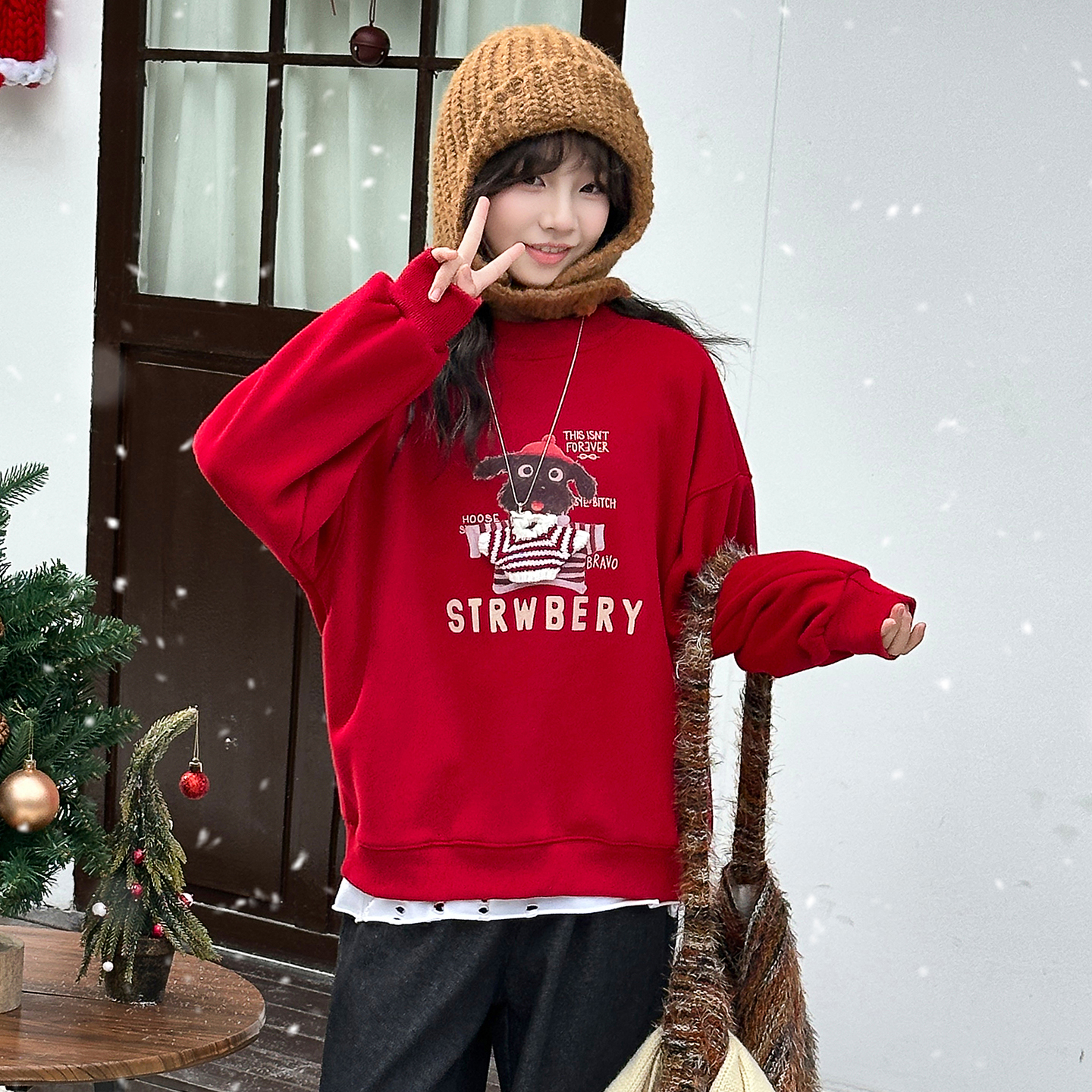 女童加绒卫衣秋冬儿童红色新年服