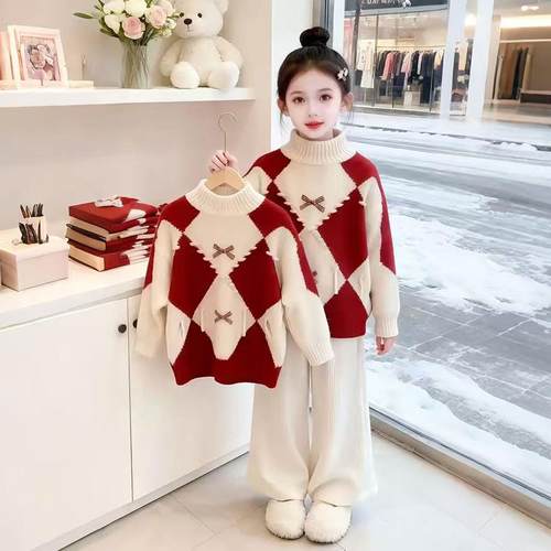 女童毛衣冬季加绒半高领针织上衣